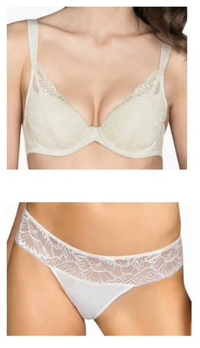 SALE Andres Sarda Tiziano All Lace Bra & Brief Set. Formed cup underwired plunge bra with wide satin straps. Matching wide lace classic G/String. Lace at the front and over the hip. Total smoothness at the back.