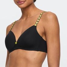 Load image into Gallery viewer, Black bikini top with yellow smiley face details on straps against a white background
