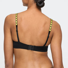 Load image into Gallery viewer, Black bra with yellow accents on a plain background
