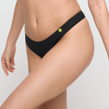 Load image into Gallery viewer, Black bikini bottom with a smiley face logo on a plain background
