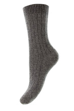 Load image into Gallery viewer, Charcoal. There is nothing cosier than cashmere socks! It is as if someone plugged you into a heat source. These are made in Scotland by Pantherella from the finest cashmere. They are unrivalled for their quality, style and comfort.  85% Cashmere 15% Nylon (for durability).
