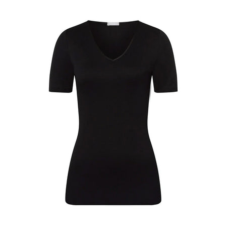 A black seamless cotton T-Shirt style top. It has a short sleeves and a V-Neck.