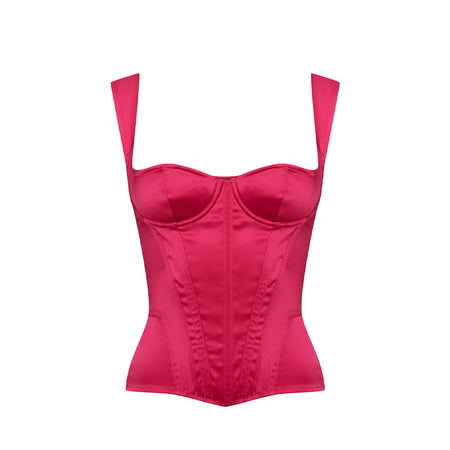 This is a beautiful, traditional corset made the French way. The Daisy Corset is in a subtle soft satin. The front is boned for perfect shaping. The back has elastic panels with central zip opening, ensuring a perfect fit.&nbsp;&nbsp;The wide straps and cupped bustline enhances the bosom and highlights the waist.&nbsp; This is a stunning garment, meant for the wearer who wants to be noticed for their style and figure. It may be worn both as underwear and outerwear.&nbsp; Made in France.  Strawberry Pink