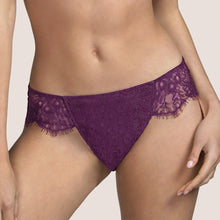 Load image into Gallery viewer, Classic Andres Sarda bikini style Rio Brief.  The front made entirely of Leavers lace. The back is sheer tulle for smoothness under clothing. The colour Tourmaline is an Aubergine shade, perfect for all skin tones.  Fabric Content: Polyamide: 35%, Cotton: 24%, Polyester: 22%, Silk:14%, Elastane: 5%
