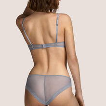 Load image into Gallery viewer, Classic Andres Sarda bikini style Rio Brief.  It has tulle with embroidery to the front and sheer tulle at the back for smoothness under clothing. Andres Sarda is famous for its innovation in its use of fabrics. Tina in Metallic Silver is a perfect example.  Fabric Content: Polyamide: 42%, Polyester: 28%, Cotton: 17%, Elastane: 13%
