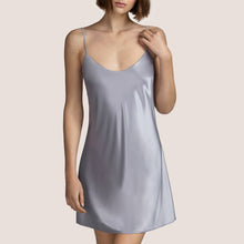 Load image into Gallery viewer, This is a beautiful nightdress made of satin with double spaghetti straps and a deep embroidered detail on the back. The colour Metallic Silver is a very much in style this season. Ideal for nightwear &amp; daywear.  Fabric Content: Polyester: 87%, Elastane:12%, Polyamide:1%
