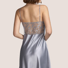 Load image into Gallery viewer, This is a beautiful nightdress made of satin with double spaghetti straps and a deep embroidered detail on the back. The colour Metallic Silver is a very much in style this season. Ideal for nightwear &amp; daywear.  Fabric Content: Polyester: 87%, Elastane:12%, Polyamide:1%
