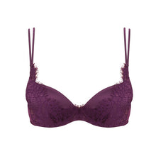 Load image into Gallery viewer, Formed Plunge bra. The Leavers lace over the centre of the cup. The cups and double rouleau straps are made of silk for perfect softness against the skin. The colour Tourmaline is an Aubergine shade, perfect for all skin tones.  Fabric Content: Polyester: 52%, Silk: 20%, Polyamide: 15%, Cotton: 11%, Elastane: 2% Lace: Leavers.
