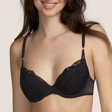Load image into Gallery viewer, ﻿This is a beautiful all lace plunge bra. The cup has a removable pad, giving the option of two different presentations. The fine double strap offers delicacy with strength. Andres Sarda is famous for its superior lace. Ginger is a perfect example.  Fabric content: Polyester: 50%, Polyamide: 38%, Cotton: 9%, Elastane: 3%
