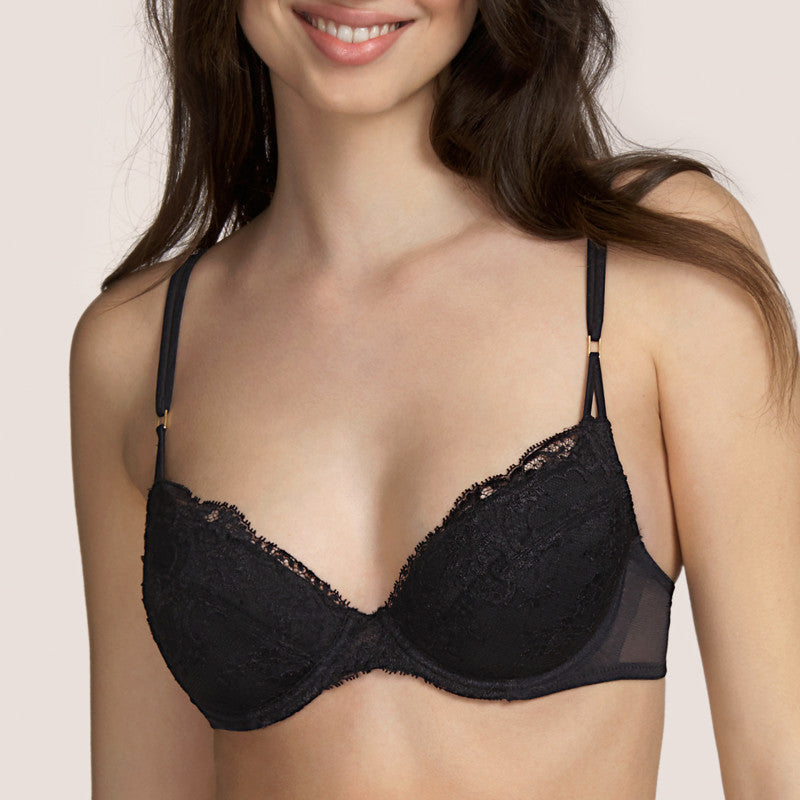 ﻿This is a beautiful all lace plunge bra. The cup has a removable pad, giving the option of two different presentations. The fine double strap offers delicacy with strength. Andres Sarda is famous for its superior lace. Ginger is a perfect example.  Fabric content: Polyester: 50%, Polyamide: 38%, Cotton: 9%, Elastane: 3%