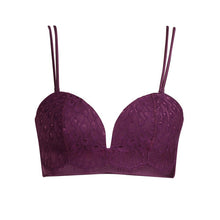 Load image into Gallery viewer, Deep Plunge Bustier. Beautiful formed deep plunge non-wire bandeau Bustier. The cups are made entirely of silk with cover of Leavers lace. The silk spaghetti straps are detachable. The colour Tourmaline is an Aubergine shade, perfect for all skin tones. This Bustier top is made to be seen! Perfect for inner or outerwear.  Fabric Content: Polyester: 66%, Silk:14%, Polyamide:10%, Cotton: 8%, Elastane: 2% Lace: Leavers.

