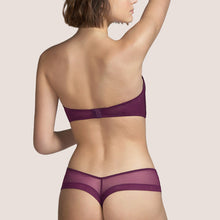 Load image into Gallery viewer, Deep Plunge Bustier. Beautiful formed deep plunge non-wire bandeau Bustier. The cups are made entirely of silk with cover of Leavers lace. The silk spaghetti straps are detachable. The colour Tourmaline is an Aubergine shade, perfect for all skin tones. This Bustier top is made to be seen! Perfect for inner or outerwear.  Fabric Content: Polyester: 66%, Silk:14%, Polyamide:10%, Cotton: 8%, Elastane: 2% Lace: Leavers.
