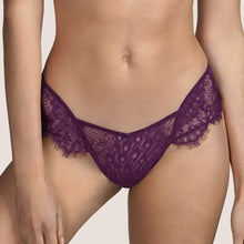Load image into Gallery viewer, Beautiful low-cut Tanga style G/String. The front made entirely of Leavers lace. The back is a classic style sheer tulle G/String, perfect for smoothness under clothing. The colour Tourmaline is an Aubergine shade, perfect for all skin tones.    Fabric Content: Polyamide: 42%, Polyester: 28%, Cotton: 26%, Elastane: 4%
