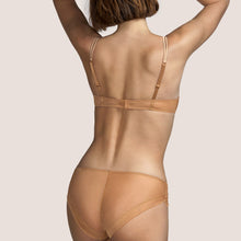 Load image into Gallery viewer, Classic underwired bra. The Leavers lace over the centre of the cup suggests a peek-a-boo look while offering full support. The double rouleau straps are made of silk, which is so soft against the skin. The Golden-Brown colours works beautifully as a natural nude. Fabric Content: Polyamide: 35%, Polyester: 33%, Cotton: 21%, Silk: 9%, Elastane: 2% Lace: Leavers.
