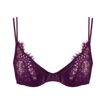 Load image into Gallery viewer, Classic underwired bra. The Leavers lace over the centre of the cup suggests a peek-a-boo look while offering full support. The double rouleau straps are made of silk, which is so soft against the skin. The colour Tourmaline is an Aubergine shade, perfect for all skin tones.  Fabric Content: Polyamide: 35%, Polyester: 33%, Cotton: 21%, Silk: 9%, Elastane: 2% Lace: Leavers.
