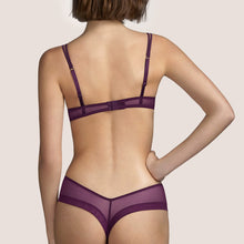Load image into Gallery viewer, Classic underwired bra. The Leavers lace over the centre of the cup suggests a peek-a-boo look while offering full support. The double rouleau straps are made of silk, which is so soft against the skin. The colour Tourmaline is an Aubergine shade, perfect for all skin tones.  Fabric Content: Polyamide: 35%, Polyester: 33%, Cotton: 21%, Silk: 9%, Elastane: 2% Lace: Leavers.
