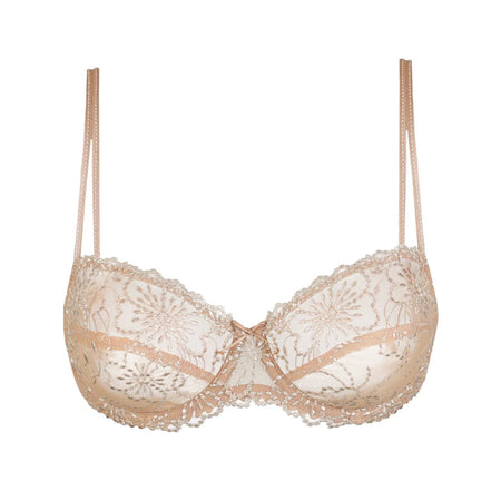 Beige lace bra on a white background
