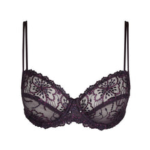 Load image into Gallery viewer, An all lace balconnet bra with a horizontal seam. Delicate double straps offer a light but structured support. Richly embroidered cups with full coverage. Classic lace bra for a classic balconnet look.   Fabric content: Polyamide: 45%, Polyester: 35%, Elastane: 20%. Amethyst.
