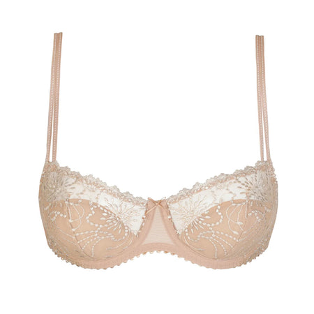 Beige lace bra on a white background