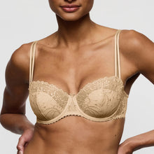 Load image into Gallery viewer, Beige bra with lace detailing worn by a model on a plain background

