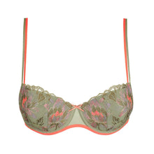 Load image into Gallery viewer, Green lace bra with floral patterns on a white background
