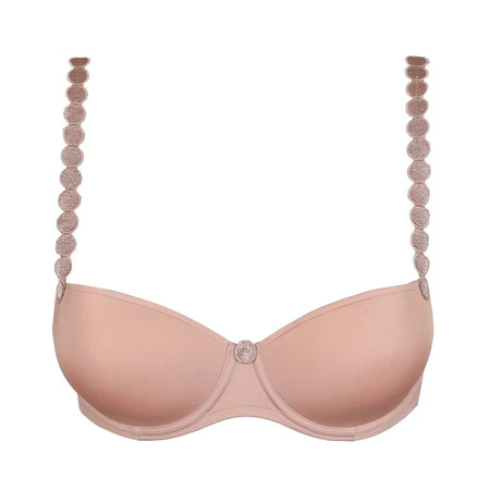 Pink bra with beaded straps on a white background
