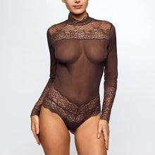 Load image into Gallery viewer, Brown lace bodysuit worn by a model on a white background
