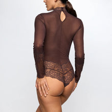 Load image into Gallery viewer, Brown lace bodysuit worn by a model on a white background
