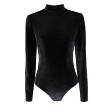 Load image into Gallery viewer, Black bodysuit with long sleeves on a white background
