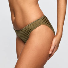 Load image into Gallery viewer, Green patterned bikini bottom worn by a person on a light gray background
