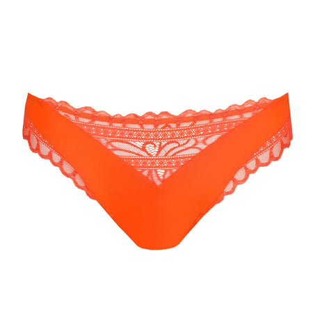 Orange lace-trimmed underwear on a white background
