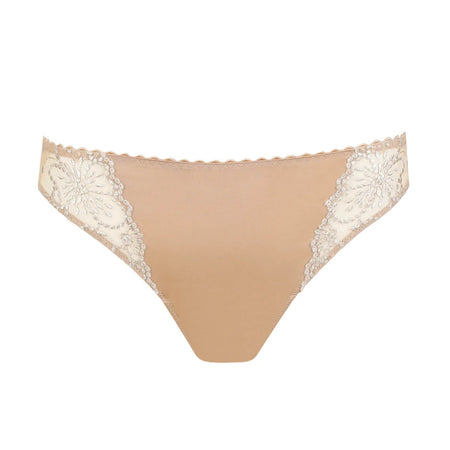 Beige bikini bottom with lace details on a white background