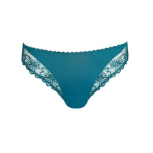 Load image into Gallery viewer, Teal bikini bottom with lace details on a white background
