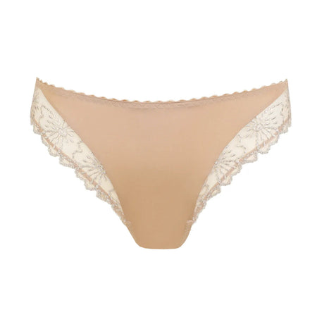 Beige bikini bottom with lace trim on a white background