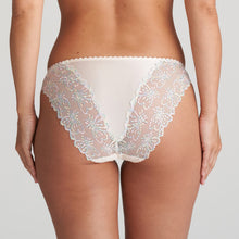 Load image into Gallery viewer, Playful and sexy: two adjectives that pretty much capture the essence of this Italian style brief. The embroidery on the bottom is a piquant detail and delicious. There is full cover to the front but with a all lace back. The lace smooths over the bottom to give an invisible line.  Fabric content: Polyamide: 46%, Polyester: 35%, Elastane: 12%, Cotton: 7%. Boudoir Cream.
