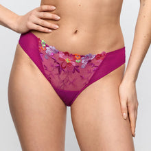 Load image into Gallery viewer, Purple lace underwear with floral details on a plain background
