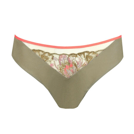 Khaki women's underwear with floral lace trim on a white background