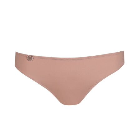 Mauve bikini bottom with a button detail on a white background