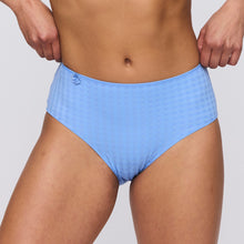 Load image into Gallery viewer, These are a full brief with a wide hip detail and are worn higher on the waist but also cover the bottom completely. They are totally opaque, but with the characteristic An Avero daisy on the waist completes the picture!  Fabric Content: Polyamide: 79%, Elastane: 17%, Cotton: 4%.  Santorini Blue.
