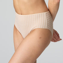 Load image into Gallery viewer, These are a full brief with a wide hip detail and are worn higher on the waist but also cover the bottom completely. They are totally opaque, but with the characteristic An Avero daisy on the waist completes the picture!  Fabric Content: Polyamide: 79%, Elastane: 17%, Cotton: 4%. Caffé Latte.

