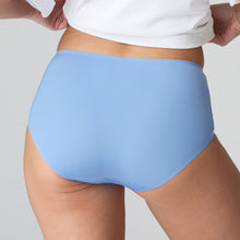 Load image into Gallery viewer, Santorini Blue. Perfect fit and comfort thanks to these high briefs without visible seams or stitching. The soft microfibre fits snugly over the bum and offers light control on the tummy. A fine glossy border on the waist adds a luxurious touch. No label on the inside and with a soft cotton gusset. These briefs are worn high on the tummy and rest on the hip to elongate the legline.  Fabric Content: Polyamide: 79%, Elastane:15%, Polyester: 4%, Cotton: 2%. 

