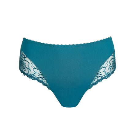 Teal women's underwear with lace trim on a white background