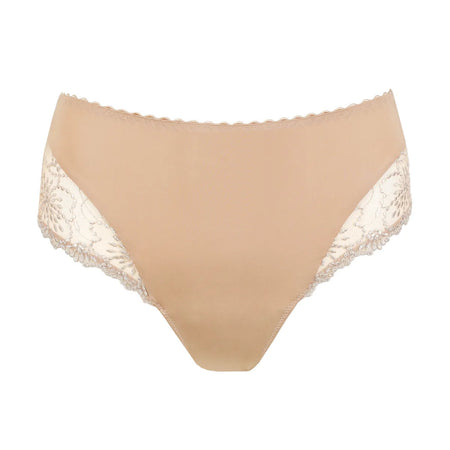 Beige women's underwear with lace trim on a white background