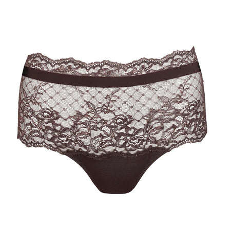 Lace underwear with a brown waistband on a white background