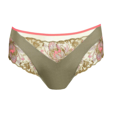 Green women's underwear with floral lace trim on a white background