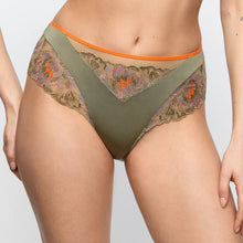 Load image into Gallery viewer, Green lace underwear with orange trim on a plain background
