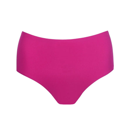 Pink high-waisted bikini bottom on a white background