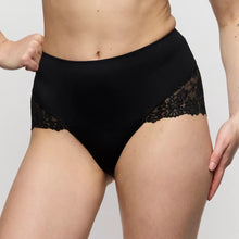 Load image into Gallery viewer, Black high-waisted underwear with lace trim on a neutral background
