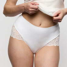 Load image into Gallery viewer, Person wearing white lace underwear on a plain background
