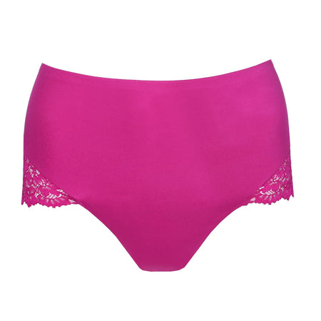 Pink high-waisted underwear with lace trim on a white background